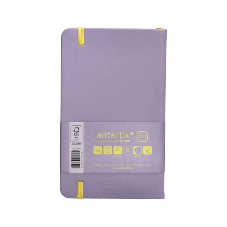 CUADERNO CON GOMILLA ANTARTIK NOTES TAPA DURA A6 HOJAS CUADRICULA MORADO Y AMARILLO 100 HOJAS 80 GR FSC