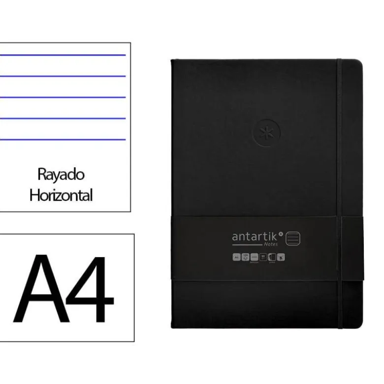 CUADERNO CON GOMILLA ANTARTIK NOTES TAPA DURA A4 HOJAS RAYAS NEGRO 100 HOJAS 80 GR FSC