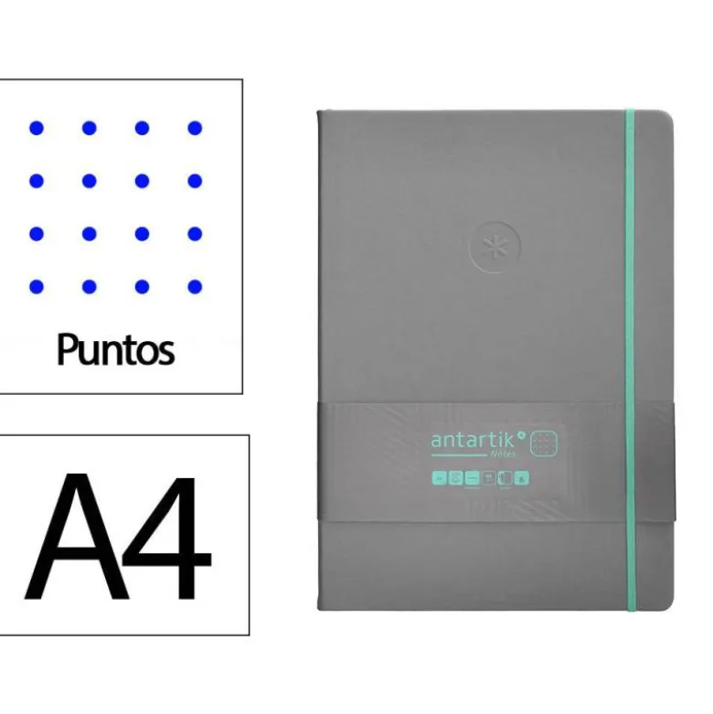 CUADERNO CON GOMILLA ANTARTIK NOTES TAPA DURA A4 HOJAS PUNTOS GRIS Y TURQUESA 100 HOJAS 80 GR FSC