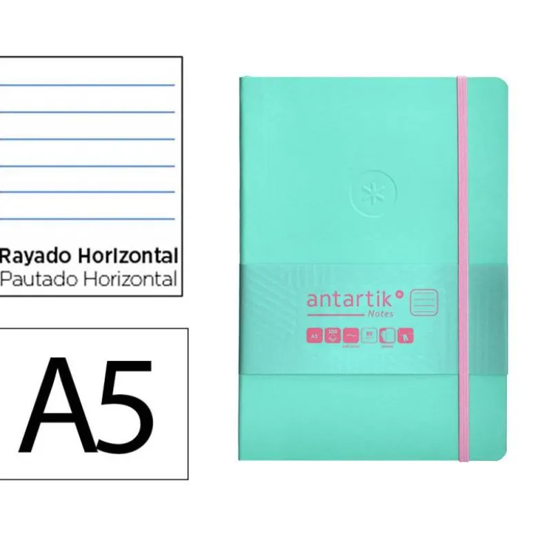 CUADERNO CON GOMILLA ANTARTIK NOTES TAPA BLANDA A5 HOJAS RAYAS ROSA Y TURQUESA 80 HOJAS 80 GR FSC
