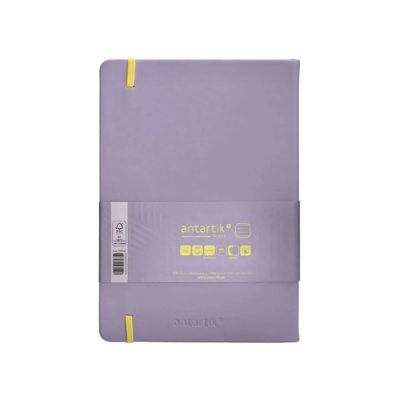CUADERNO CON GOMILLA ANTARTIK NOTES TAPA DURA A5 HOJAS RAYAS MORADO Y AMARILLO 100 HOJAS 80 GR FSC