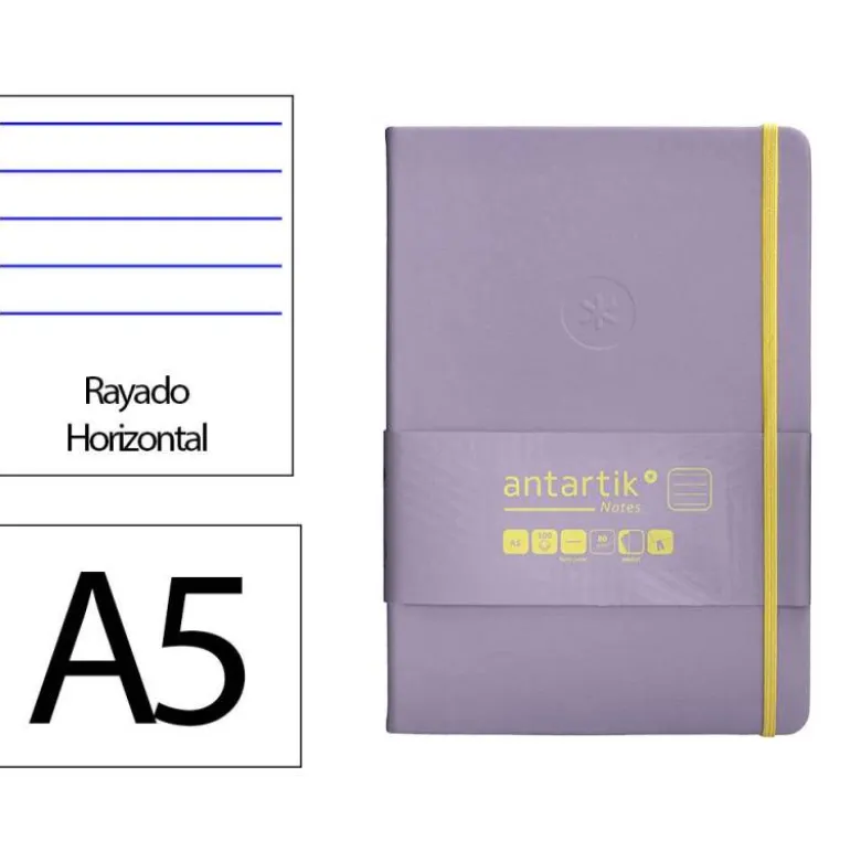 CUADERNO CON GOMILLA ANTARTIK NOTES TAPA DURA A5 HOJAS RAYAS MORADO Y AMARILLO 100 HOJAS 80 GR FSC
