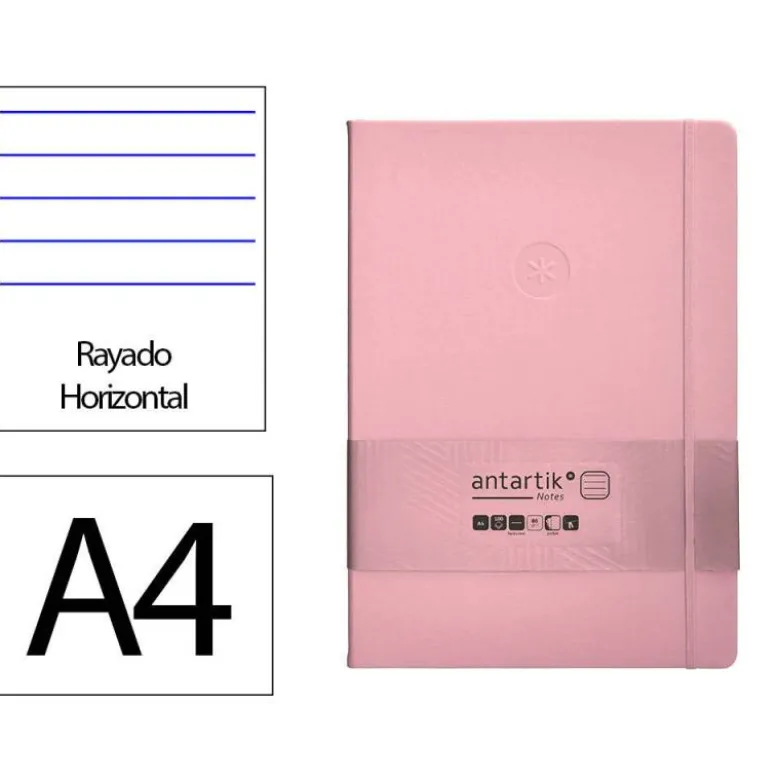 CUADERNO CON GOMILLA ANTARTIK NOTES TAPA DURA A4 HOJAS RAYAS ROSA PASTEL 100 HOJAS 80 GR FSC