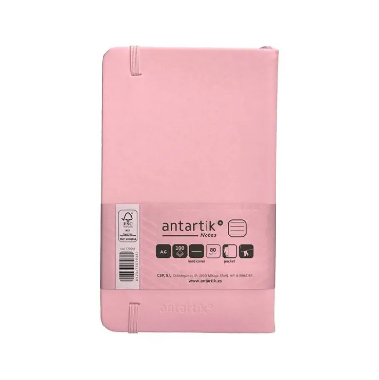 CUADERNO CON GOMILLA ANTARTIK NOTES TAPA DURA A6 HOJAS RAYAS ROSA PASTEL 100 HOJAS 80 GR FSC