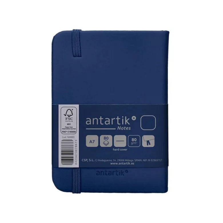 CUADERNO CON GOMILLA ANTARTIK NOTES TAPA DURA A7 HOJAS LISAS AZUL MARINO 80 HOJAS 80 GR FSC