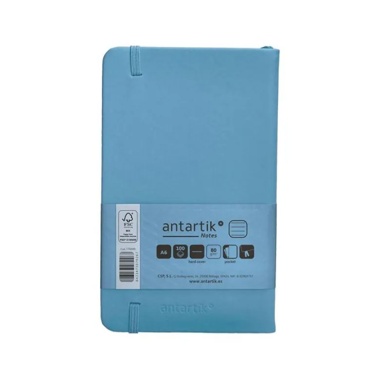 CUADERNO CON GOMILLA ANTARTIK NOTES TAPA DURA A6 HOJAS RAYAS AZUL CLARO 100 HOJAS 80 GR FSC
