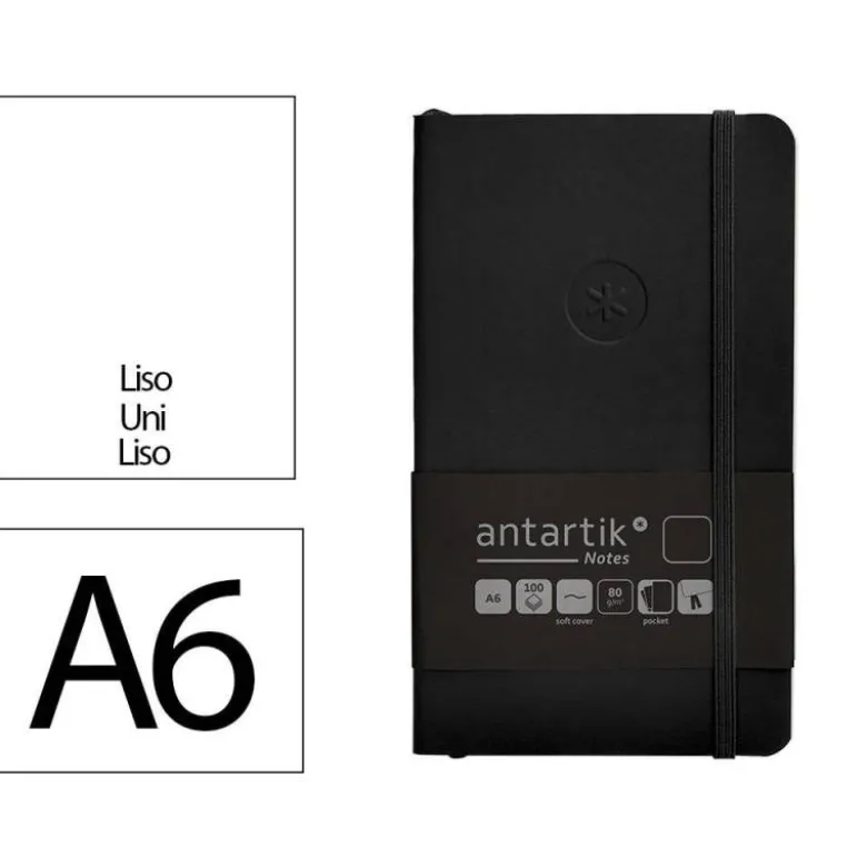 CUADERNO CON GOMILLA ANTARTIK NOTES TAPA BLANDA A6 HOJAS LISAS NEGRO 100 HOJAS 80 GR FSC