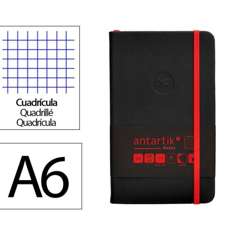 CUADERNO CON GOMILLA ANTARTIK NOTES TAPA DURA A6 HOJAS CUADRICULA NEGRO Y ROJO 100 HOJAS 80 GR FSC