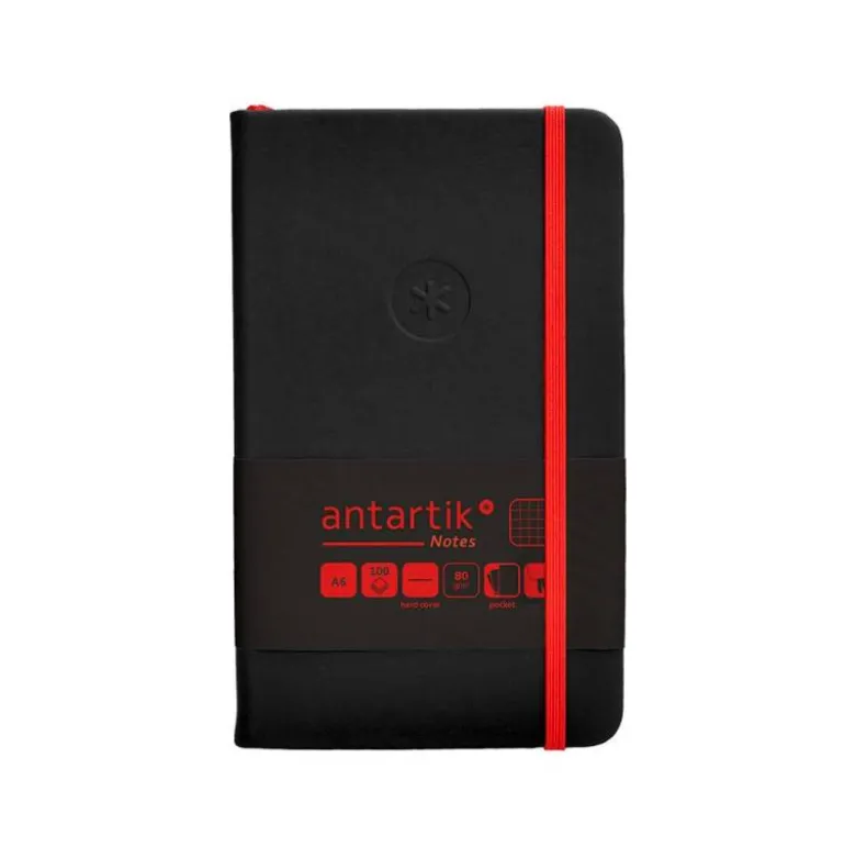 CUADERNO CON GOMILLA ANTARTIK NOTES TAPA DURA A6 HOJAS CUADRICULA NEGRO Y ROJO 100 HOJAS 80 GR FSC