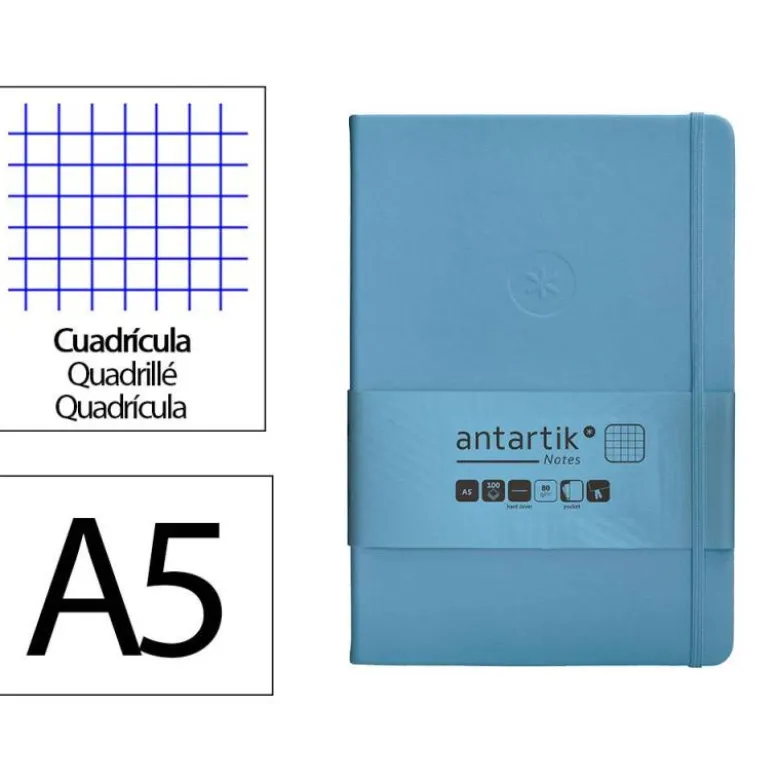 CUADERNO CON GOMILLA ANTARTIK NOTES TAPA DURA A5 HOJAS CUADRICULA AZUL CLARO 100 HOJAS 80 GR FSC