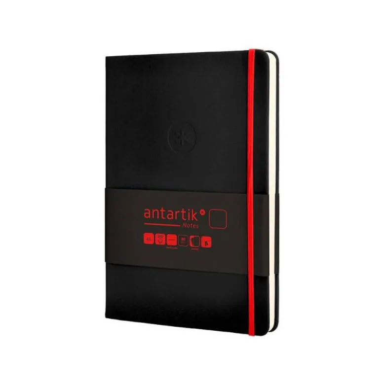 CUADERNO CON GOMILLA ANTARTIK NOTES TAPA DURA A5 HOJAS LISAS NEGRO Y ROJO 100 HOJAS 80 GR FSC