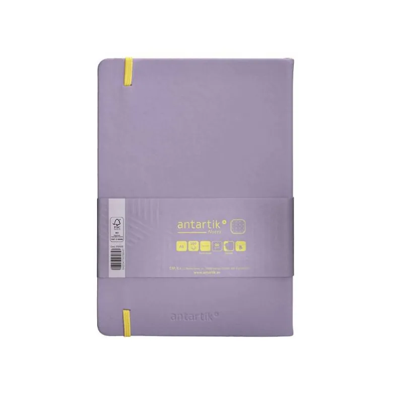 CUADERNO CON GOMILLA ANTARTIK NOTES TAPA DURA A5 HOJAS PUNTOS MORADO Y AMARILLO 100 HOJAS 80 GR FSC