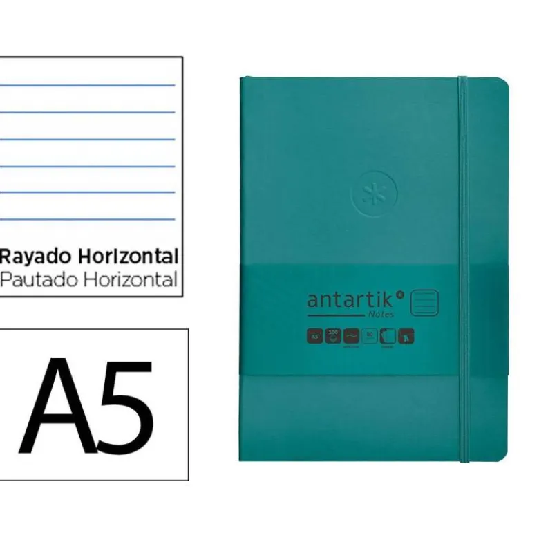 CUADERNO CON GOMILLA ANTARTIK NOTES TAPA BLANDA A5 HOJAS RAYAS VERDE AGUAMARINA 80 HOJAS 80 GR FSC