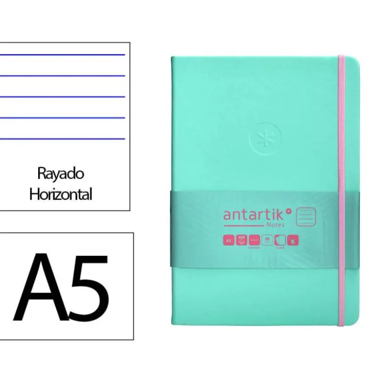 CUADERNO CON GOMILLA ANTARTIK NOTES TAPA DURA A5 HOJAS RAYAS ROSA Y TURQUESA 100 HOJAS 80 GR FSC