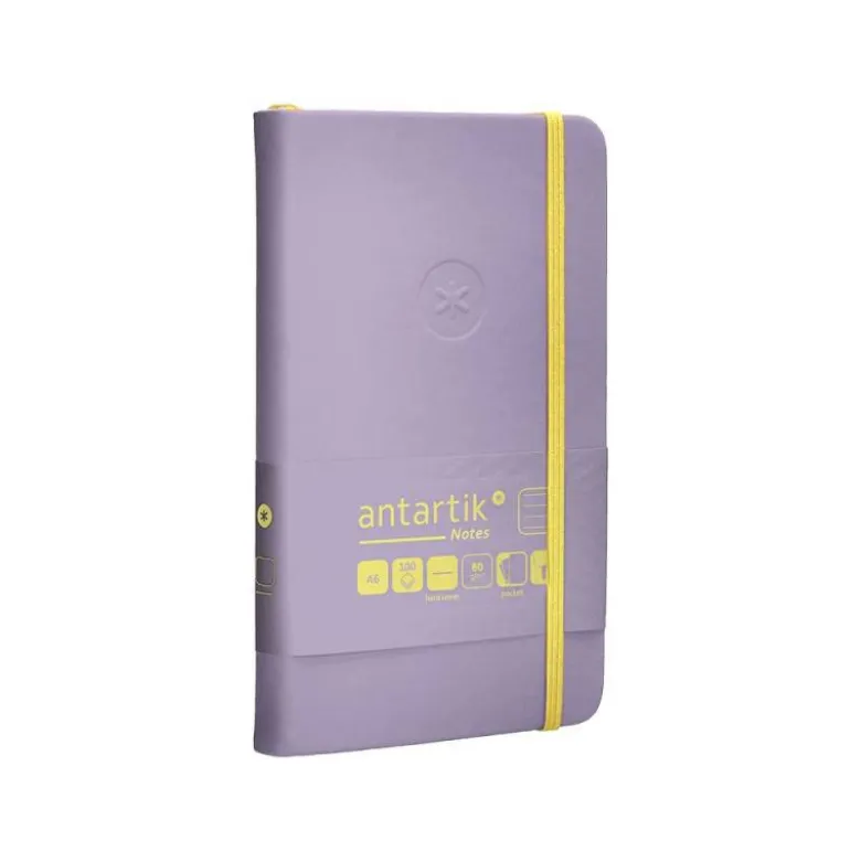 CUADERNO CON GOMILLA ANTARTIK NOTES TAPA DURA A6 HOJAS RAYAS MORADO Y AMARILLO 100 HOJAS 80 GR FSC