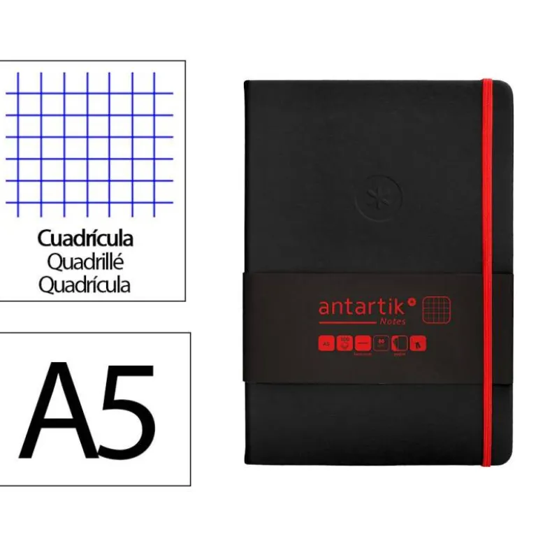 CUADERNO CON GOMILLA ANTARTIK NOTES TAPA DURA A5 HOJAS CUADRICULA NEGRO Y ROJO 100 HOJAS 80 GR FSC