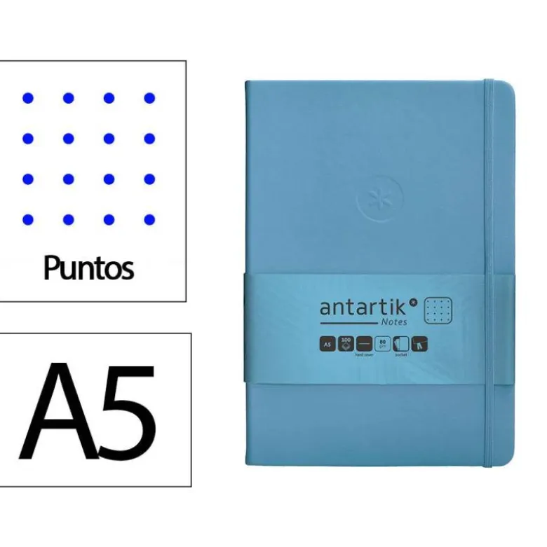 CUADERNO CON GOMILLA ANTARTIK NOTES TAPA DURA A5 HOJAS PUNTOS AZUL CLARO 100 HOJAS 80 GR FSC