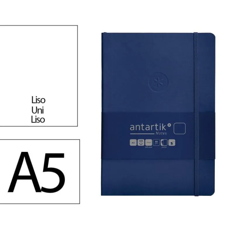 CUADERNO CON GOMILLA ANTARTIK NOTES TAPA BLANDA A5 HOJAS LISAS AZUL MARINO 80 HOJAS 80 GR FSC