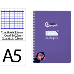 CUADERNO ESPIRAL LIDERPAPEL DI N A5 PAUTAGUIA TAPA BLANDA 40H 75 GR CUADRO PAUTADO 2,5MM COLOR LILA