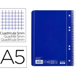 Cuaderno espiral Liderpapel Din A5 micro serie azul tapa blanda 80h 75 gr cuadro5mm 6 taladros azul