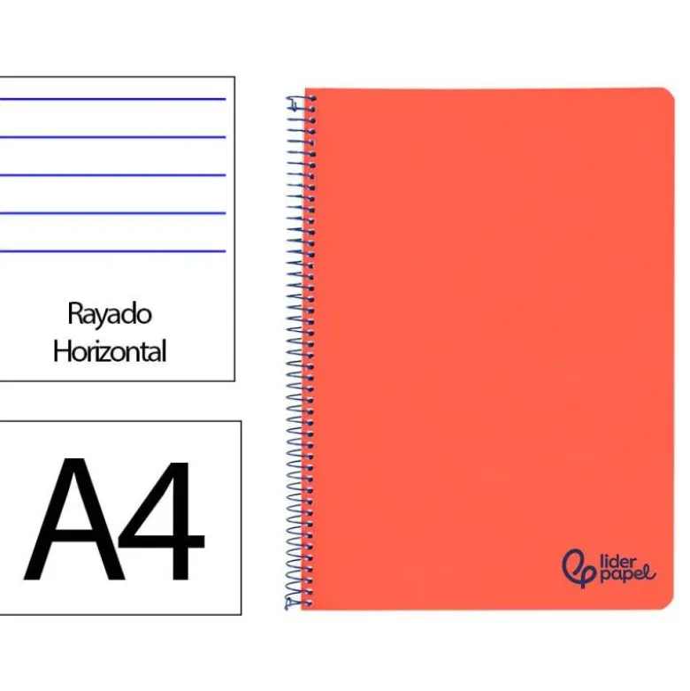CUADERNO ESPIRAL LIDERPAPEL A4 WONDER TAPA PLASTICO 80H 90GR RAYADO HORIZONTAL CON MARGEN COLOR ROJO