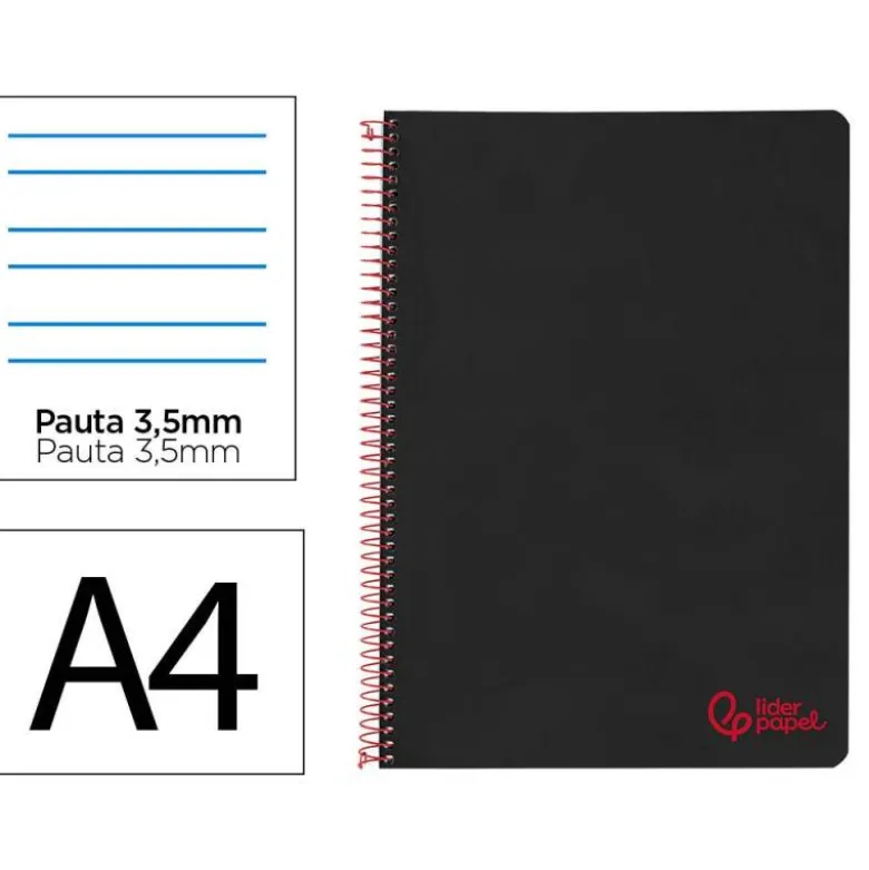 CUADERNO ESPIRAL LIDERPAPEL A4 WONDER TAPA PLASTICO 80H 90GR PAUTA ANCHA 3,5MM CON MARGEN COLOR NEGRO