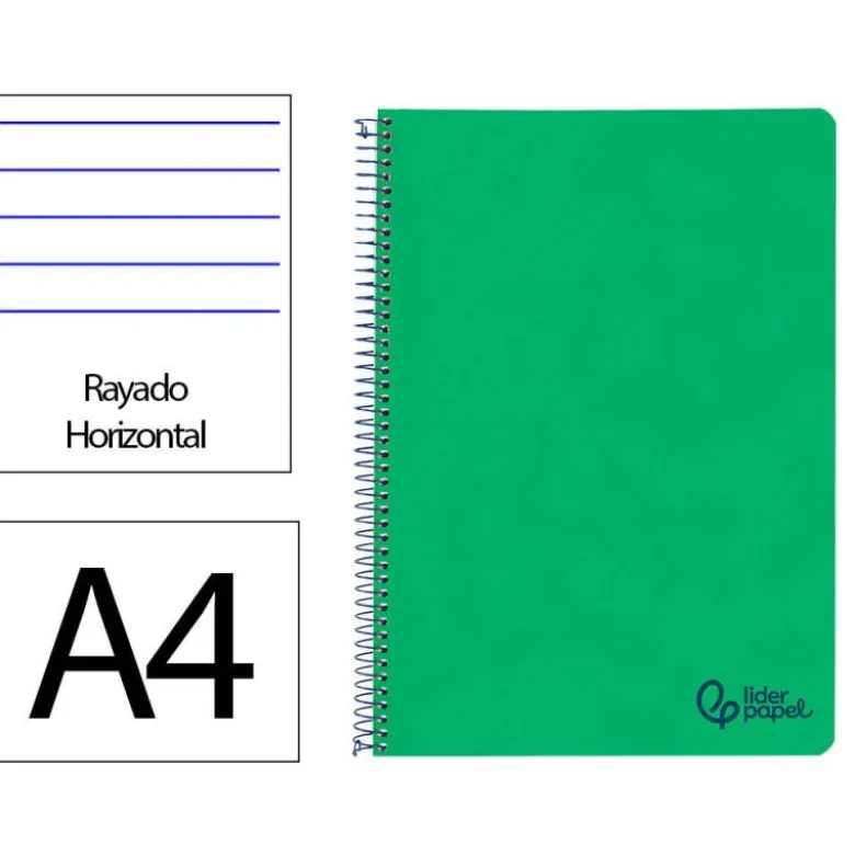 CUADERNO ESPIRAL LIDERPAPEL A4 WONDER TAPA PLASTICO 80H 90GR RAYADO HORIZONTAL CON MARGEN COLOR VERDE OSCURO