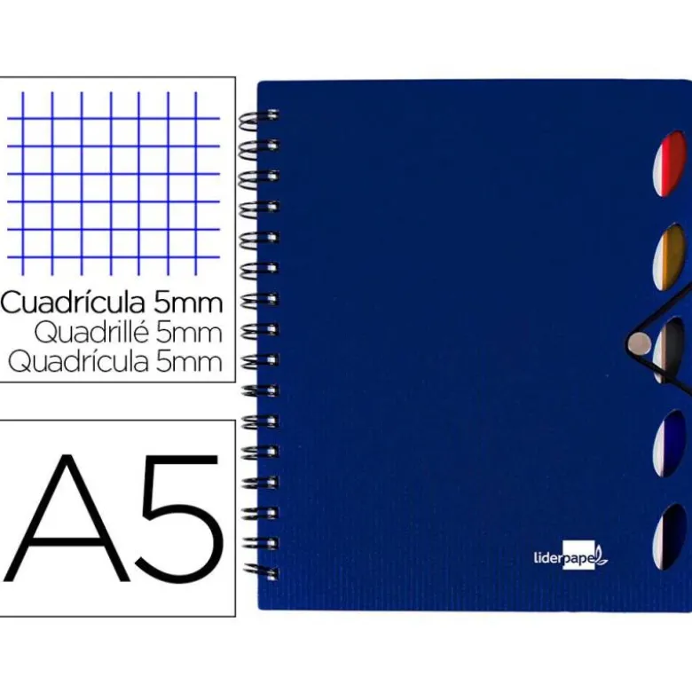 Cuaderno espiral liderpapel a5 micro executive tapa plastico 100h 80 gr cuadro 5mm 5 se paradores con gomilla azul