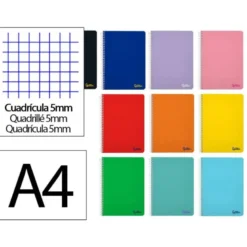 CUADERNO ESPIRAL LIDERPAPEL DIN A4 SMART TAPA BLANDA 80H 75GR CUADRO 5 MM CON MARGEN COLORES SURTIDOS
