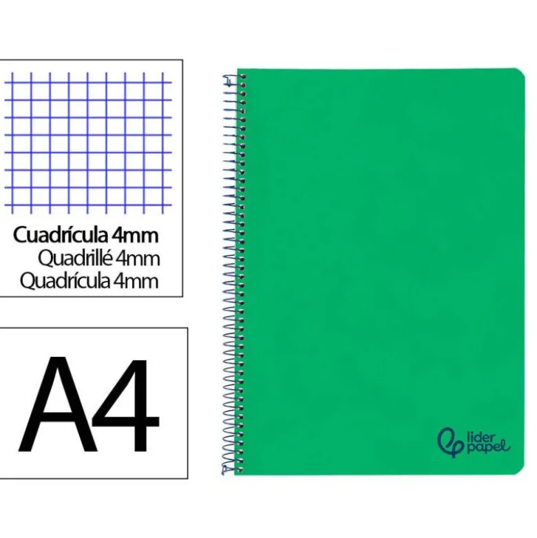 CUADERNO ESPIRAL LIDERPAPEL A4 WONDER TAPA PLASTICO 80H 90GR CUADRO 4MM CON MARGEN COLOR VERDE OSCURO