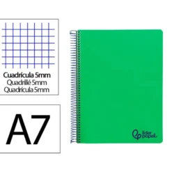 CUADERNO ESPIRAL LIDERPAPEL A7 MICRO WONDER TAPA PLASTICO 100H 90GR CUADRO 5MM 4 BANDAS COLOR VERDE OSCURO