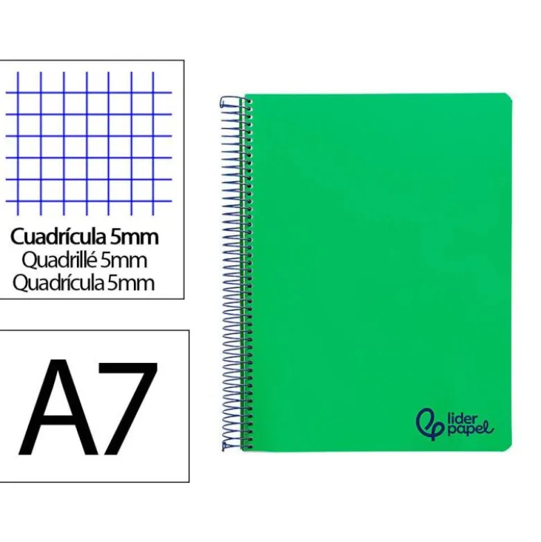 CUADERNO ESPIRAL LIDERPAPEL A7 MICRO WONDER TAPA PLASTICO 100H 90GR CUADRO 5MM 4 BANDAS COLOR VERDE OSCURO