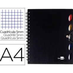Cuaderno espiral liderpapel a4 micro executive tapa plastico 100h 80 gr cuadro 5mm 5 separadores con gomilla negro