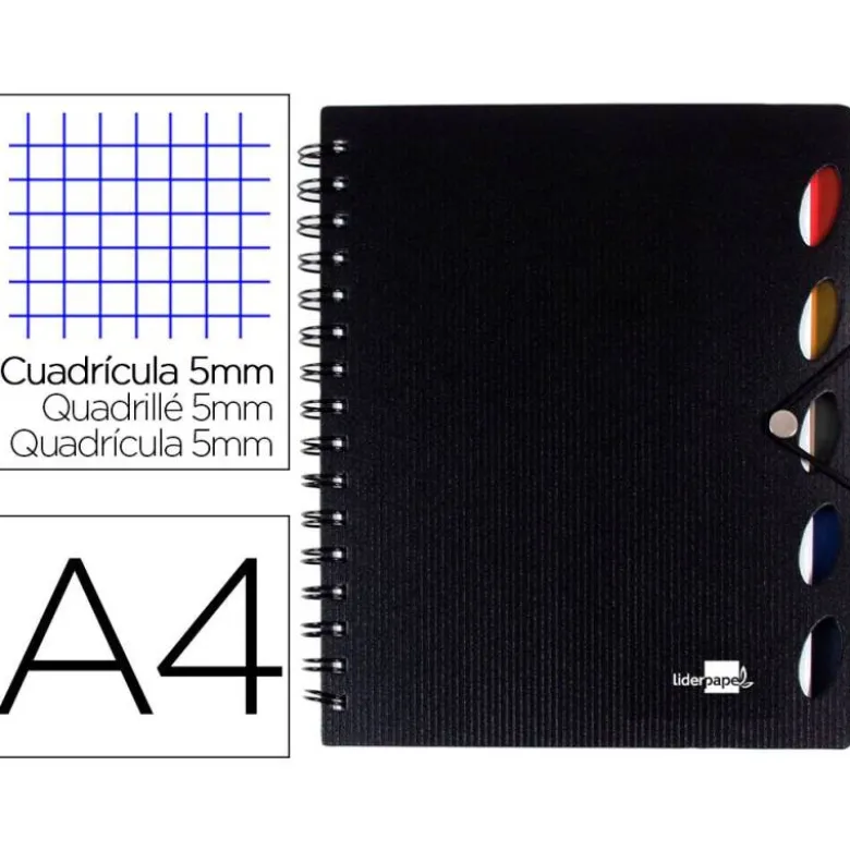 Cuaderno espiral liderpapel a4 micro executive tapa plastico 100h 80 gr cuadro 5mm 5 separadores con gomilla negro