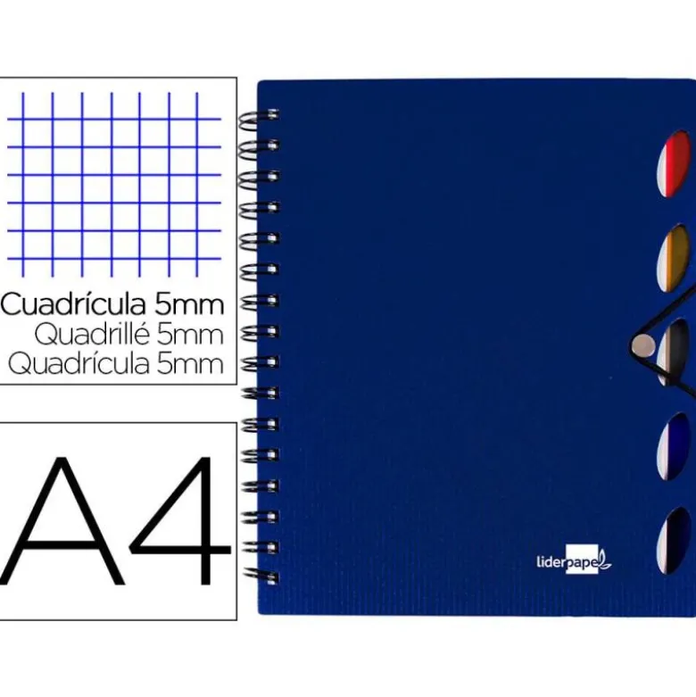 Cuaderno espiral liderpapel a4 micro executive tapa plastico 100h 80 gr cuadro 5mm 5 separadores con gomilla azul