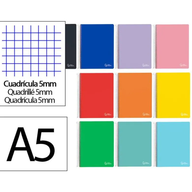CUADERNO ESPIRAL LIDERPAPEL A5 MICRO WITTY TAPA DURA 120H 90GR CUADRO 5MM 5 BANDAS 6 TALADROS COLORES SURTIDOS