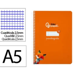 CUADERNO ESPIRAL LIDERPAPEL DI N A5 PAUTAGUIA TAPA BLANDA 40H 75 GR CUADRO PAUTADO 2,5MM COLOR NARANJA