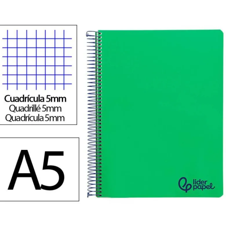 CUADERNO ESPIRAL LIDERPAPEL A5 MICRO WONDER TAPA PLASTICO 120H 90GR CUADRO 5MM 5 BANDAS 6 TALADROS COLOR VERDE OSCURO