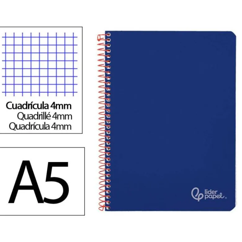 CUADERNO ESPIRAL LIDERPAPEL DIN A5 WITTY TAPA DURA 80H 90GR CUADRO 4MM CON MARGEN COLOR AZUL MARINO