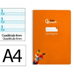 CUADERNO ESPIRAL LIDERPAPEL DI N A4 PAUTAGUIA TAPA BLANDA 80H 75 GR CUADRO PAUTADO 4MM COLOR NARANJA