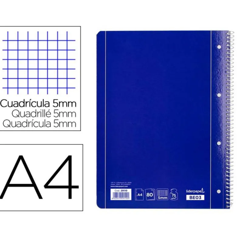 Cuaderno espiral liderpapel a4 micro serie azul tapa blanda 80h 80 gr cuadro5mm con margen 4 taladros color azul