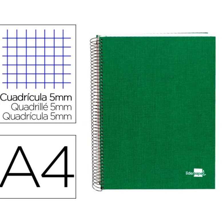 CUADERNO ESPIRAL LIDERPAPEL A4 MICRO PAPERCOAT TAPA FORRADA 140H 75 GR CUADRO5MM 5 BANDAS 4 TALADROS VERDE