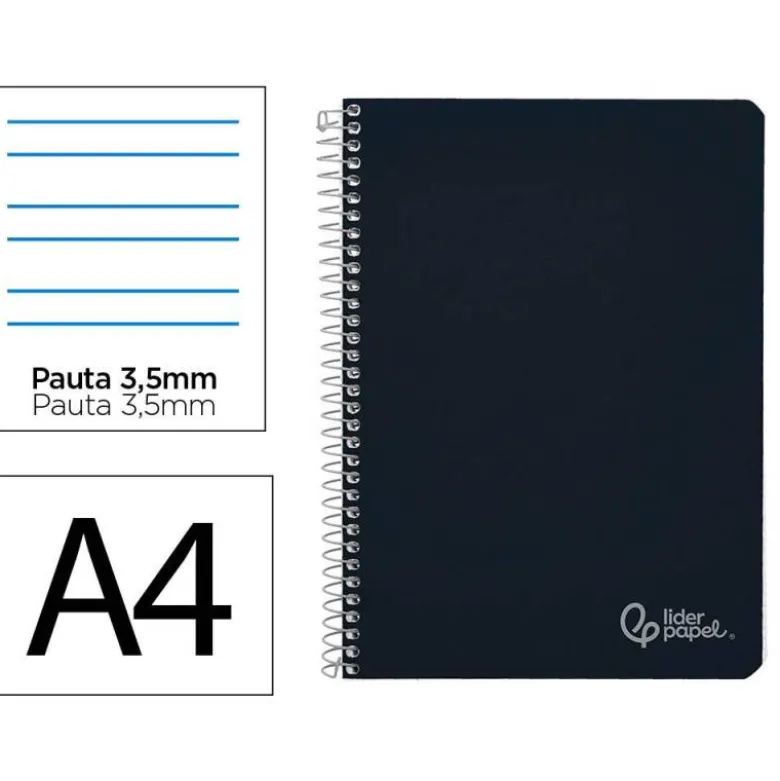 CUADERNO ESPIRAL LIDERPAPEL DIN A4 WITTY TAPA DURA 80H 90GR PAUTA 3,5MM CON MARGEN COLOR NEGRO