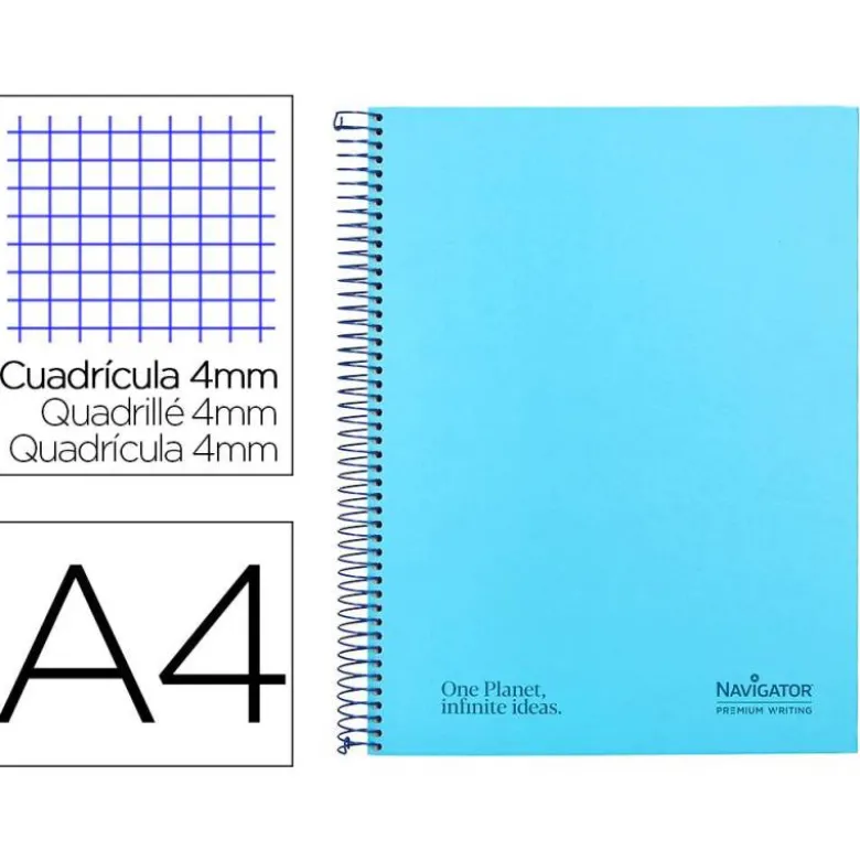 CUADERNO ESPIRAL NAVIGATOR A4 TAPA DURA 80H 80GR CUADRO 4MM CON MARGEN AZUL CLARO