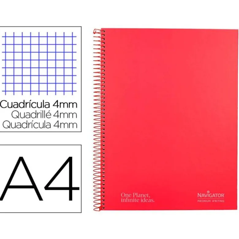 CUADERNO ESPIRAL NAVIGATOR A4 TAPA DURA 80H 80GR CUADRO 4MM CON MARGEN ROJO