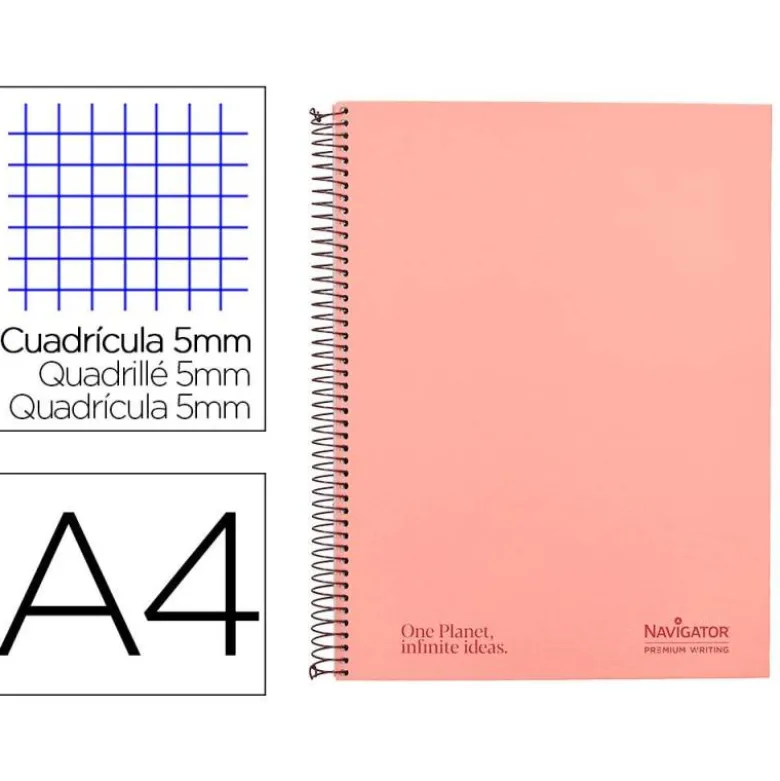 CUADERNO ESPIRAL NAVIGATOR DIN A4 MICRO TAPA FORRADA 120H 80GR CUADRO 5MM 5 BANDAS 4 TALADROS ROSA