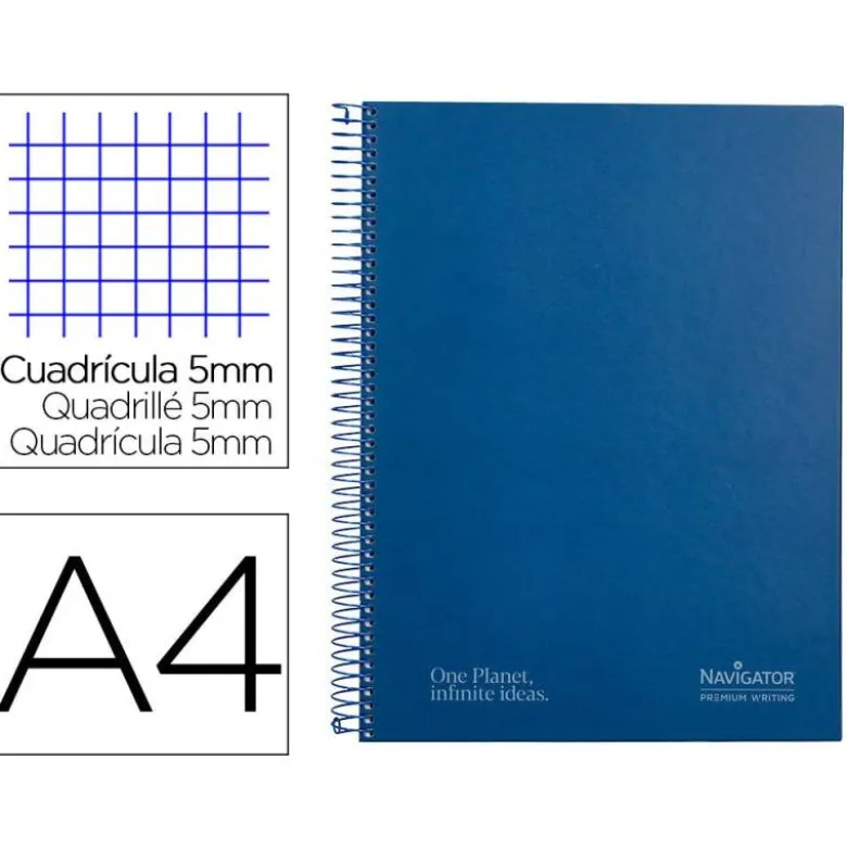 CUADERNO ESPIRAL NAVIGATOR A4 MICRO TAPA FORRADA 80H 80GR CUADRO 5MM UNA BANDA COLOR AZUL MARINO