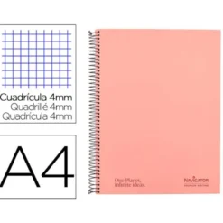 CUADERNO ESPIRAL NAVIGATOR A4 TAPA DURA 80H 80GR CUADRO 4MM CON MARGEN CORAL
