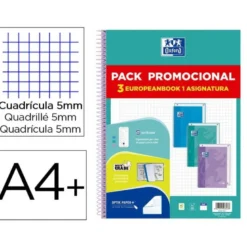 CUADERNO ESPIRAL OXFORD EBOOK 1 TOUCH TAPA EXTRADURA DIN A4+ 80H CUADRO 5 MM PACK DE 3 UNIDADES COLORES PASTEL