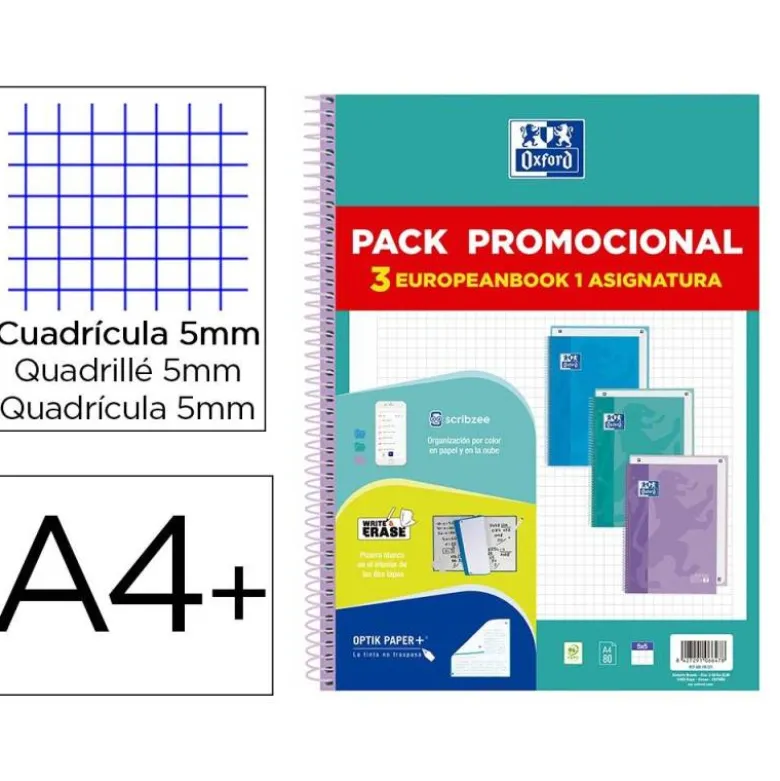 CUADERNO ESPIRAL OXFORD EBOOK 1 TOUCH TAPA EXTRADURA DIN A4+ 80H CUADRO 5 MM PACK DE 3 UNIDADES COLORES PASTEL